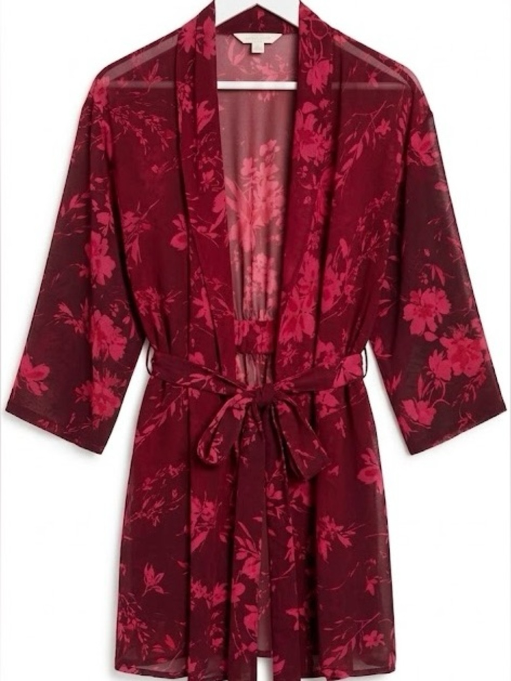 Vintage Cerie Red Floral Print Short Kimono Robe Sheer Chiffon, size S/M